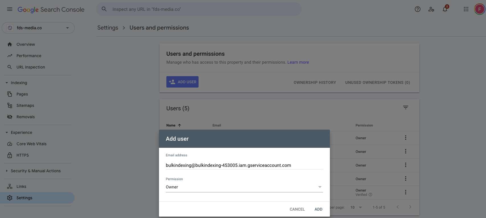 Google Search Console Adding Owner Permissions